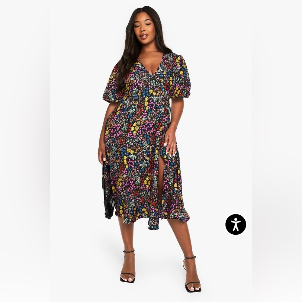 Floral Ruffle Sleeve Side Slit Midi Dress Whimsical Party Flower Garden Sz 18